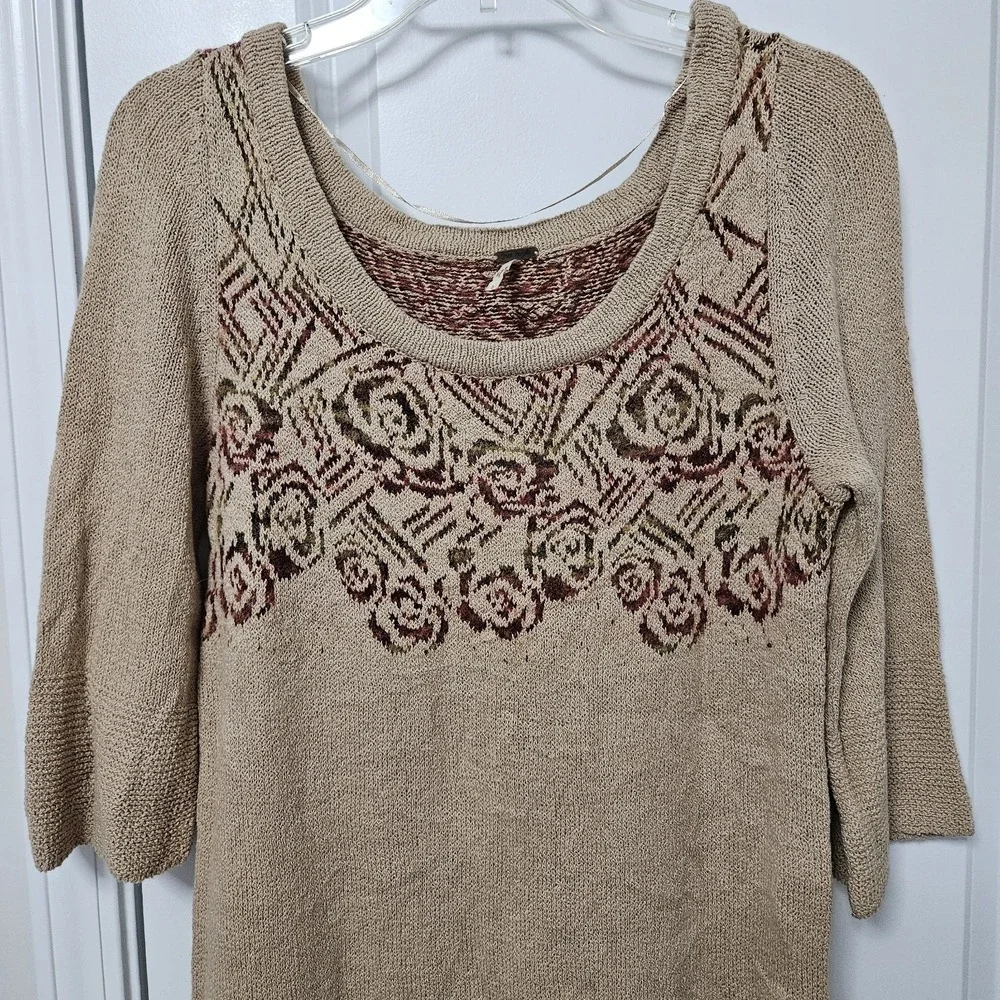 Free‎ People Tunic Desert Rose Sweater Womens L Tan Floral Knit 3/4 Sleeve Boho